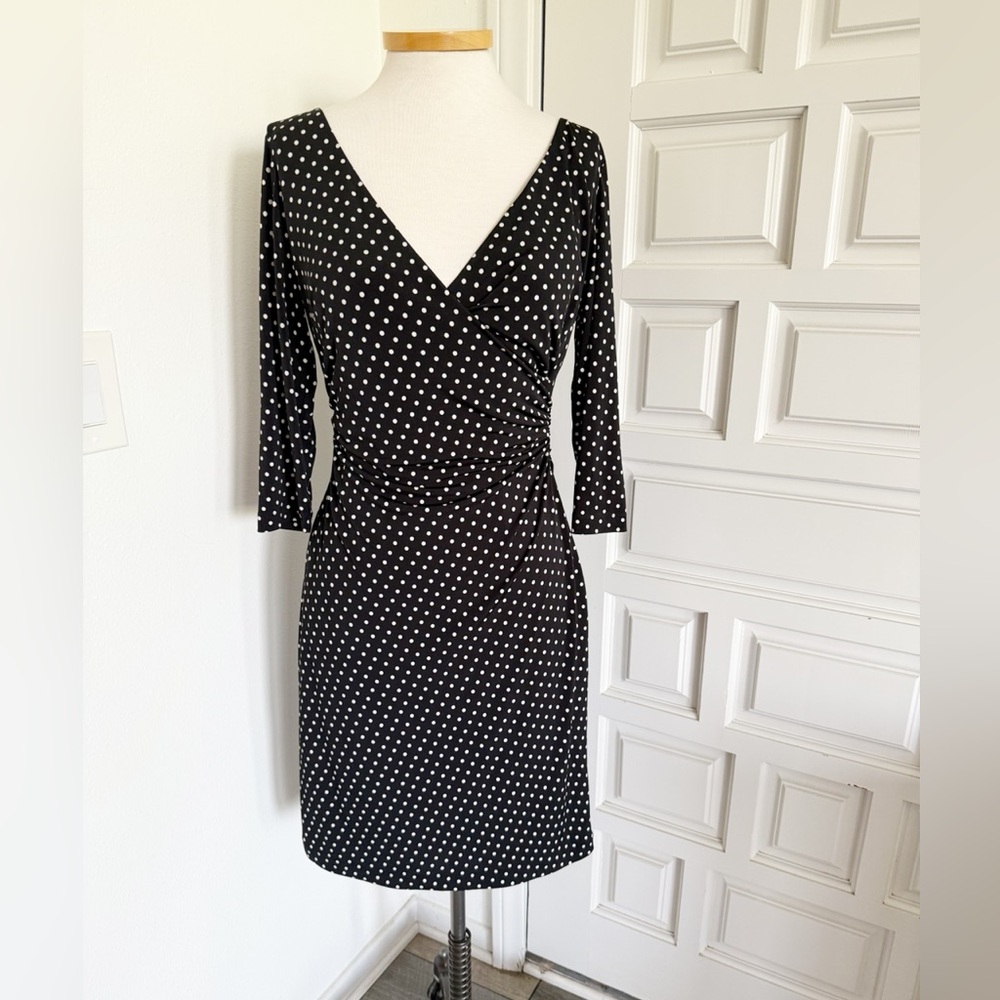 Adrianna Papell Black White Polka Dot Dress Classic Chic 3/4 Sleeves Size 8
